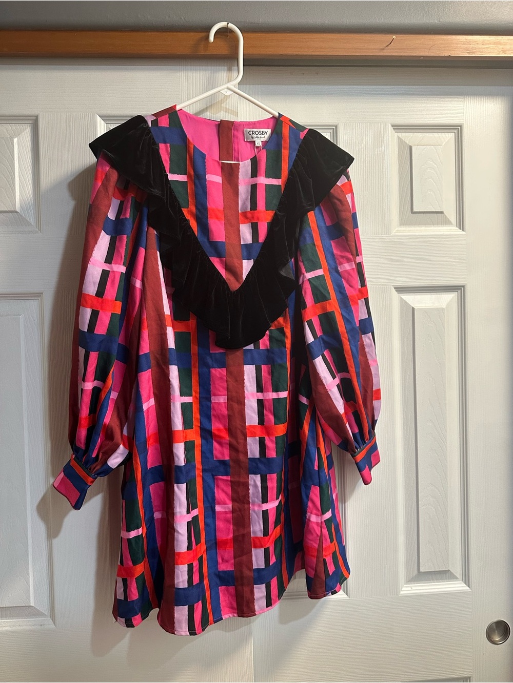 crosby. Vibrant Multicolor Geometric Mini Dress with Black Velvet Ruffle